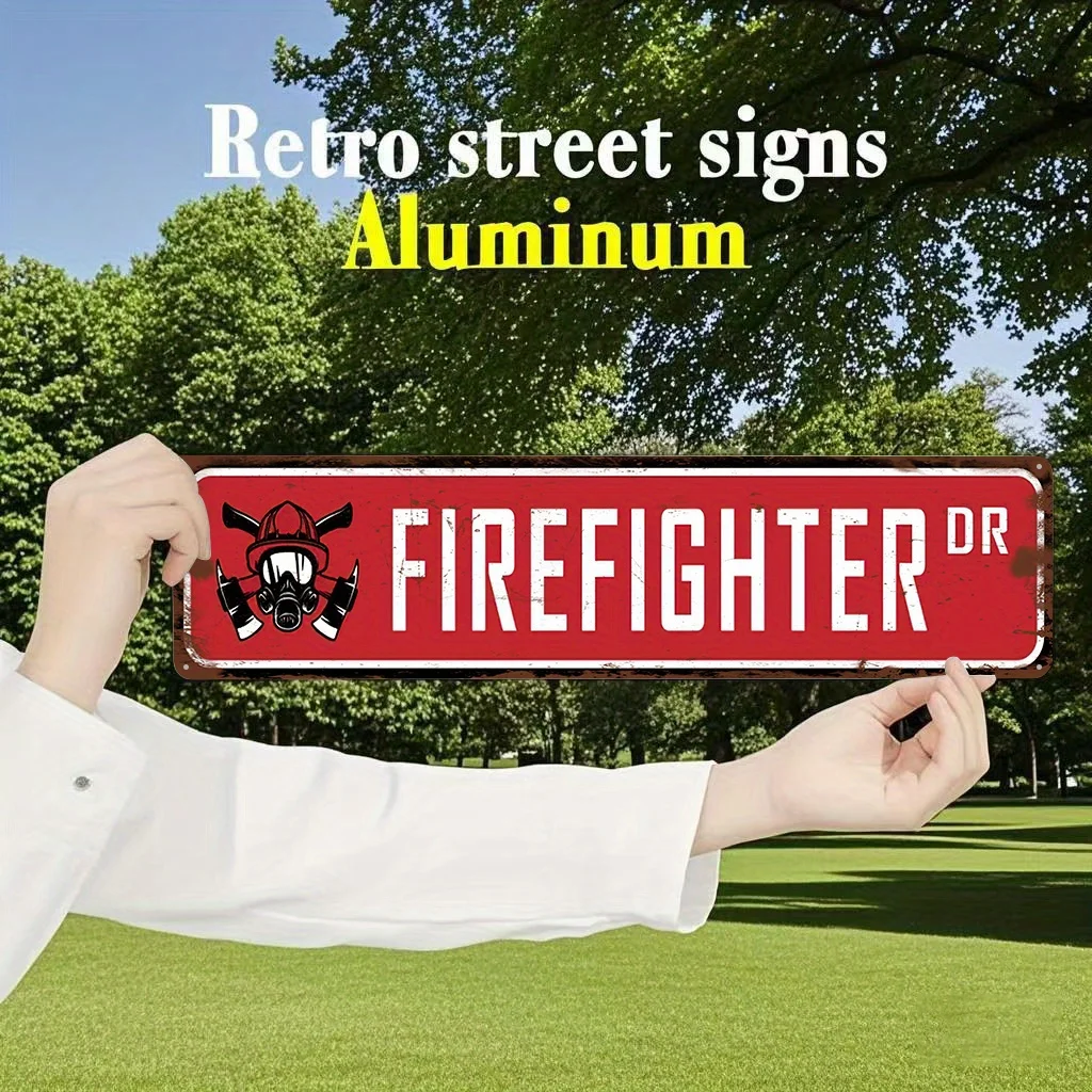 Retro Firefighters Metal Plaque - 15.0inch X 10.0inch UV Printed Aluminum Wall Decoration, Red & White with Fire Department Logo