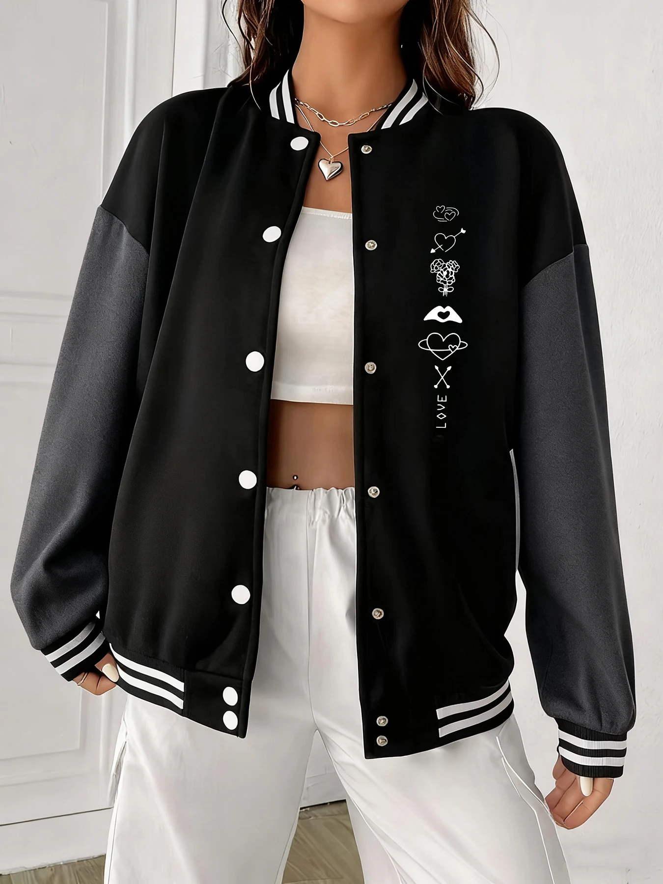 

Romantic Symbols (Heart-Rose-Lips) + LOVE Womens Baseball Jacket Hip-Hop Street Casual Coats Winter Warm Fleece Oversize Clothes