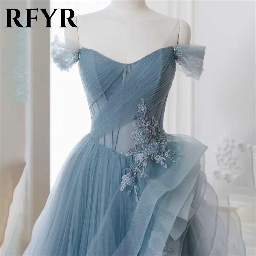 RFYR Blue A-line Evening Dresses Appliques Off Shoulder V-Neck Tulle Prom Dress with Pleats Long Tulle Party Dresses Customized