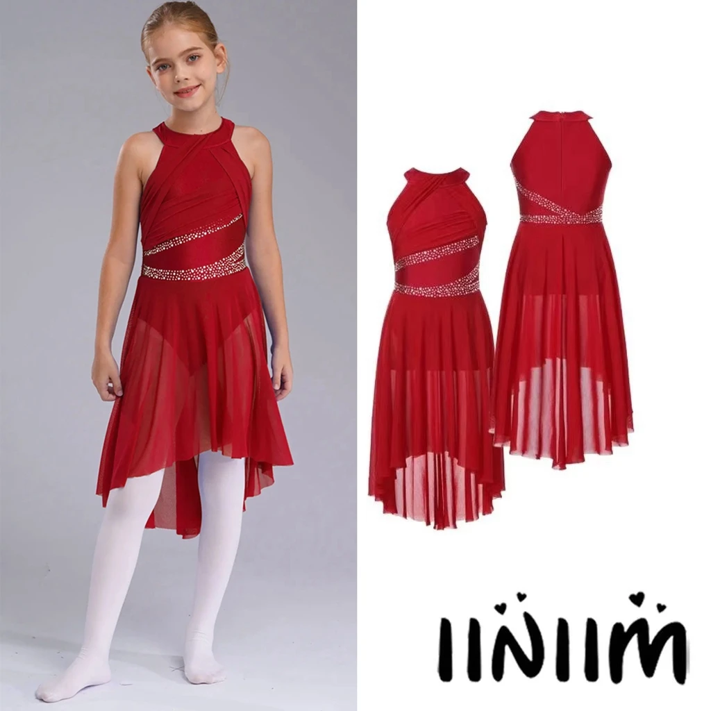 

Girls Lyrical Ballet Latin Dance Costume Contemporary Modern Dancewear Sleeveless Sparkling Rhinestone Ruched Leotard Dresses