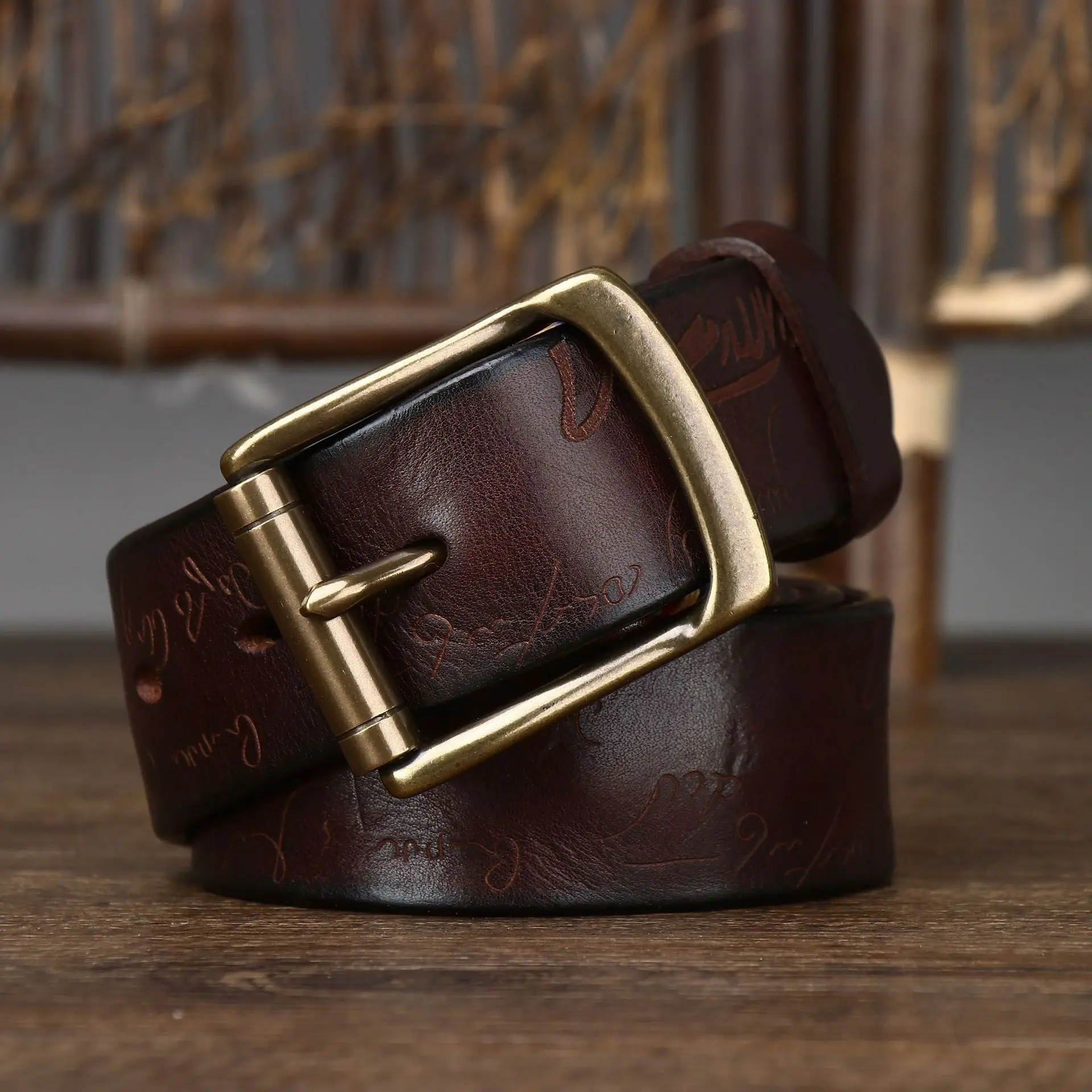 

3.8CM Vintage Vintage Laser Carved Vegetable Tanned Belt, Men's Genuine Leather Top Layer, Pure Cowhide Copper Buckle Belt