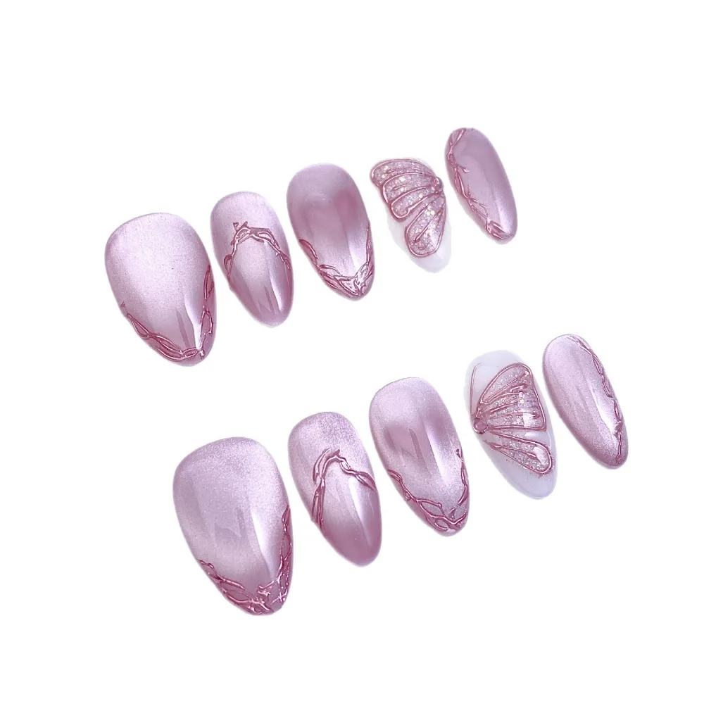 10 قطع إطار وردي لطيف مصنوع يدويًا من الكروم اضغط على الأظافر اللامعة على شكل فراشة ماسية مخملية أظافر وهمية قابلة للإزالة وقابلة لإعادة الاستخدام #5