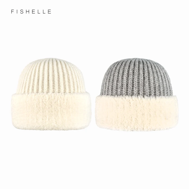 2022 New Warm Lamb Wool Cap with Wool Edge Women\'s Winter Knitted cap Pullover Hat for girl boy