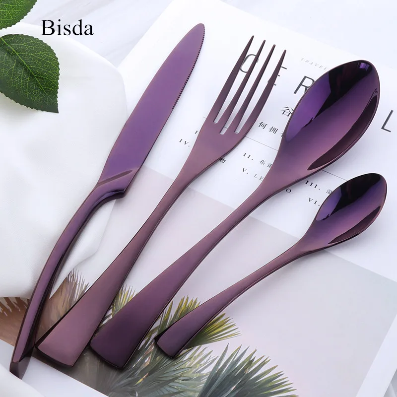 4Pcs Purple Cutlery Set Stainless Steel Blue Dinnerware Set Knife Fork Table Fork Black Tableware Set Drop Shipping