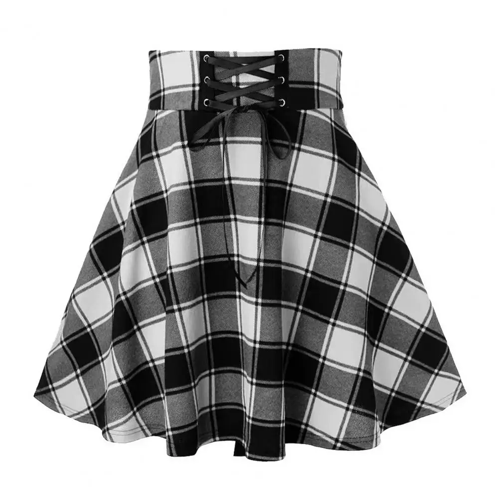 Women Plaid Print Mini Skirt Elastic High Waist Skater Skirt A-Line Spring Autumn Girl Hip Hop Style Skirt Clubwear