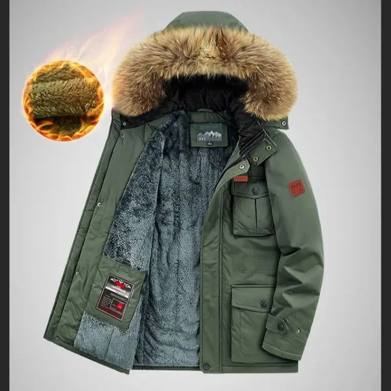Men's Winter Fleece Cotton-Padded Jacket Mid-Length Hooded Casual Thick Warm Coat Youth Outerwear