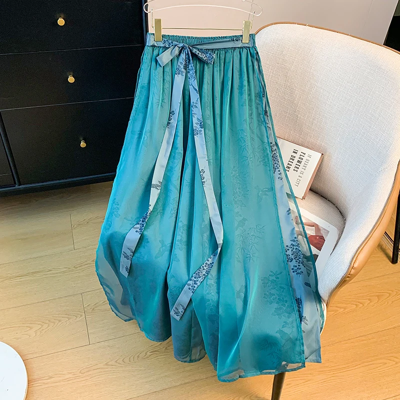 

Классические китайские широкие брюки-юбка в стиле ханьфу с принтом, с поясом, универсальные, для чайных церемоний, этническая сценическая одежда