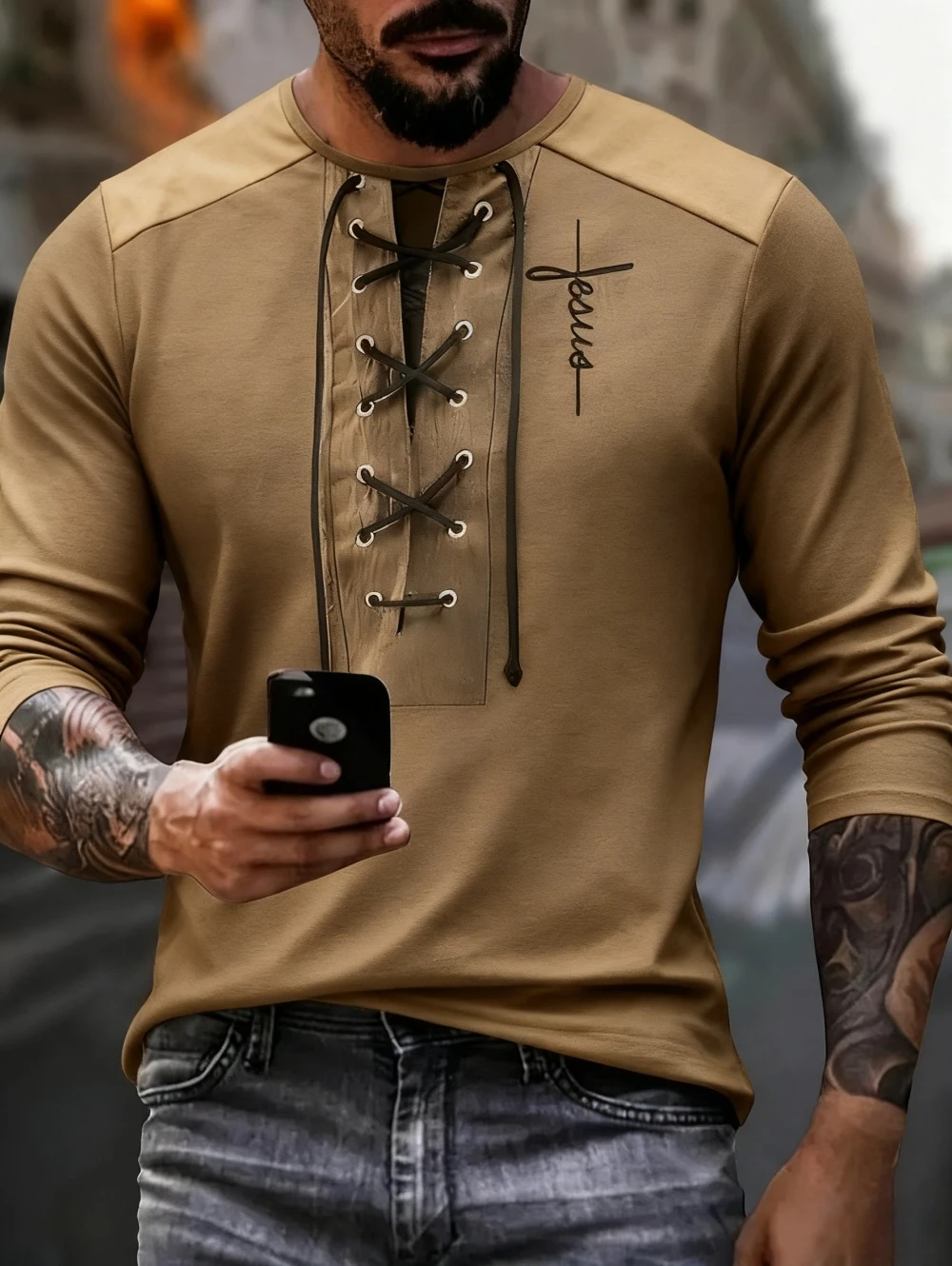 تي شيرت للرجال فو الرباط ثلاثية الأبعاد طباعة الرجال كم طويل تي شيرت الخريف طاقم الرقبة تي شيرت كبير الحجم الصليب طباعة قميص ملابس للرجال