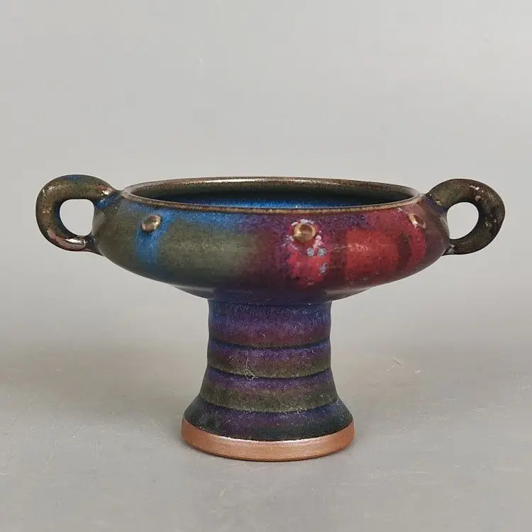 Jun Kiln Flambe Glaze Double Handle High Foot Brush Washer Chinese Antique Ceramic Decor