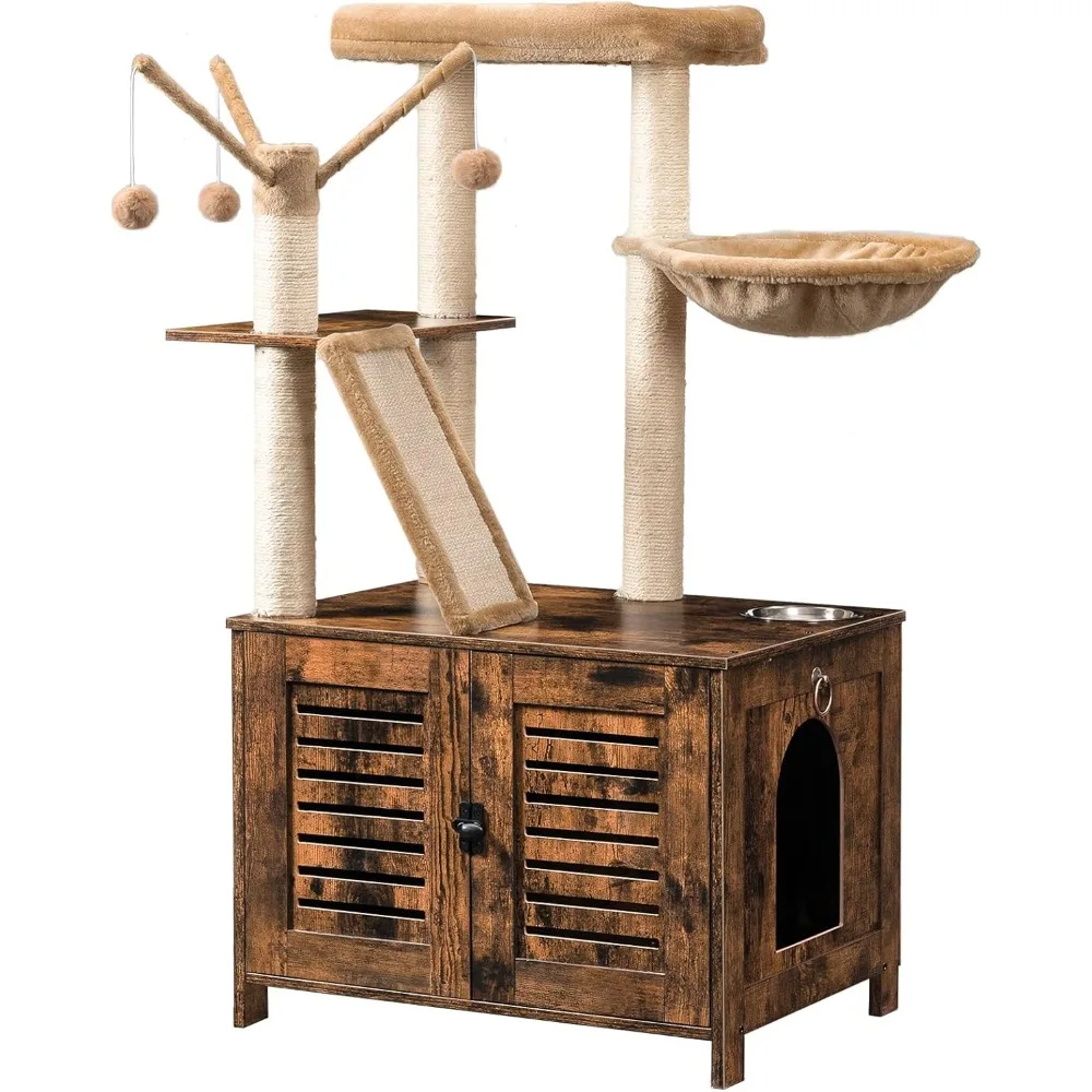 

HOOBRO Cat Tree with Litter Box Enclosure, 44" Tall Wooden Cat Tower with Scratching Posts, Cat Hammock, Hidden Litter Box Furni