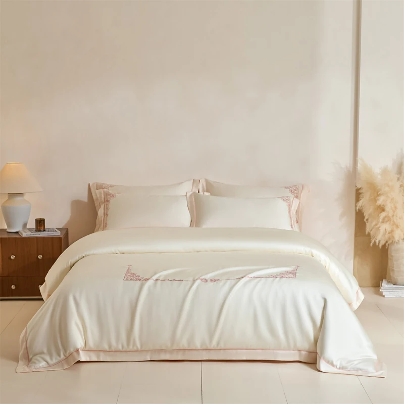 600TC Lyocell Soft Silky Cooling Summer Luxury Bedding Set Chic Floral Embroidery Duvet Cover Flat/Fitted Sheet Pillowcases 4Pcs