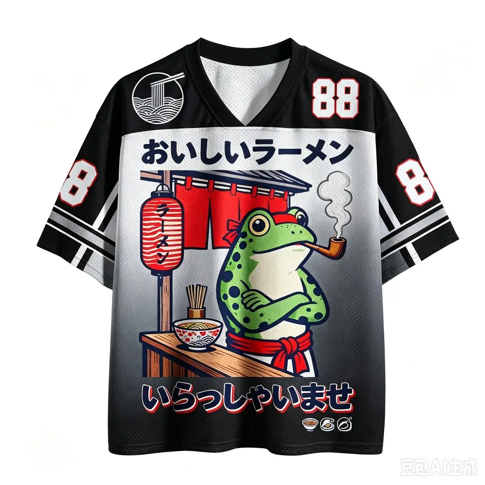 2026  New Edition Fun Frog Ramen 3D Printed Sports Quick-Dry Breathable V-Neck Large Size Outdoor Street Adult and Child T-Shirt