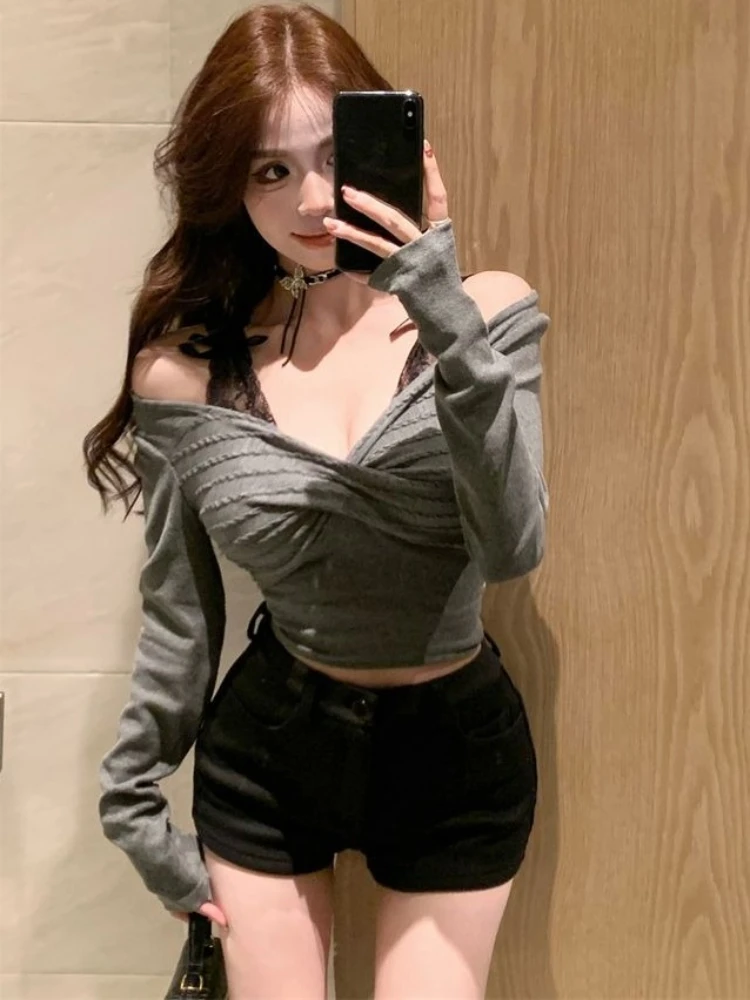 Camisetas Y2k de encaje de retales estéticos para mujer, camisetas de manga larga Grunge con agradable arco picante, ropa de calle recortada, camisetas ajustadas