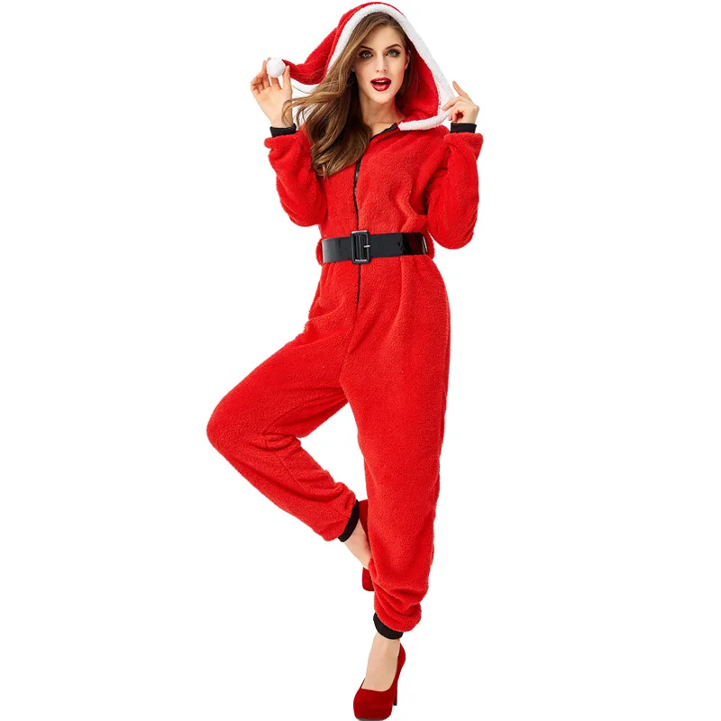 Christmas Santa Claus Parent-Child Costume Suit Mom and Daughter Xmas Party Cosplay Christmas Elf Coral Fleece Jumpsuit Pyjamas