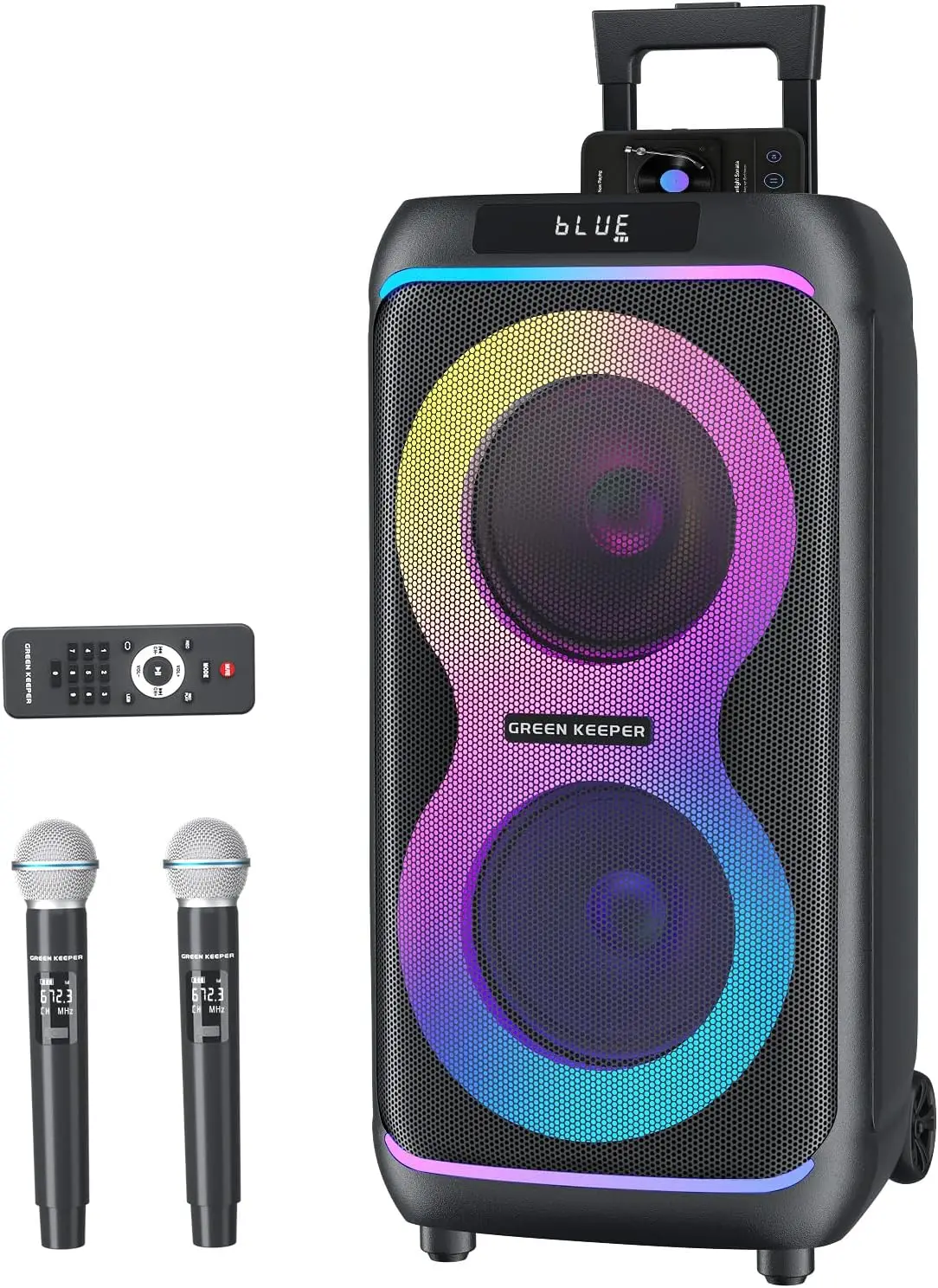 Portable Bluetooth Party Speaker with Dual 8" Woofers, 80W Rated Power, 2 Microphones, Karaoke Machine for Adults, Deep Bass, LED Lights, Wheels & Pull Handle, PA System for Outdoor Parties