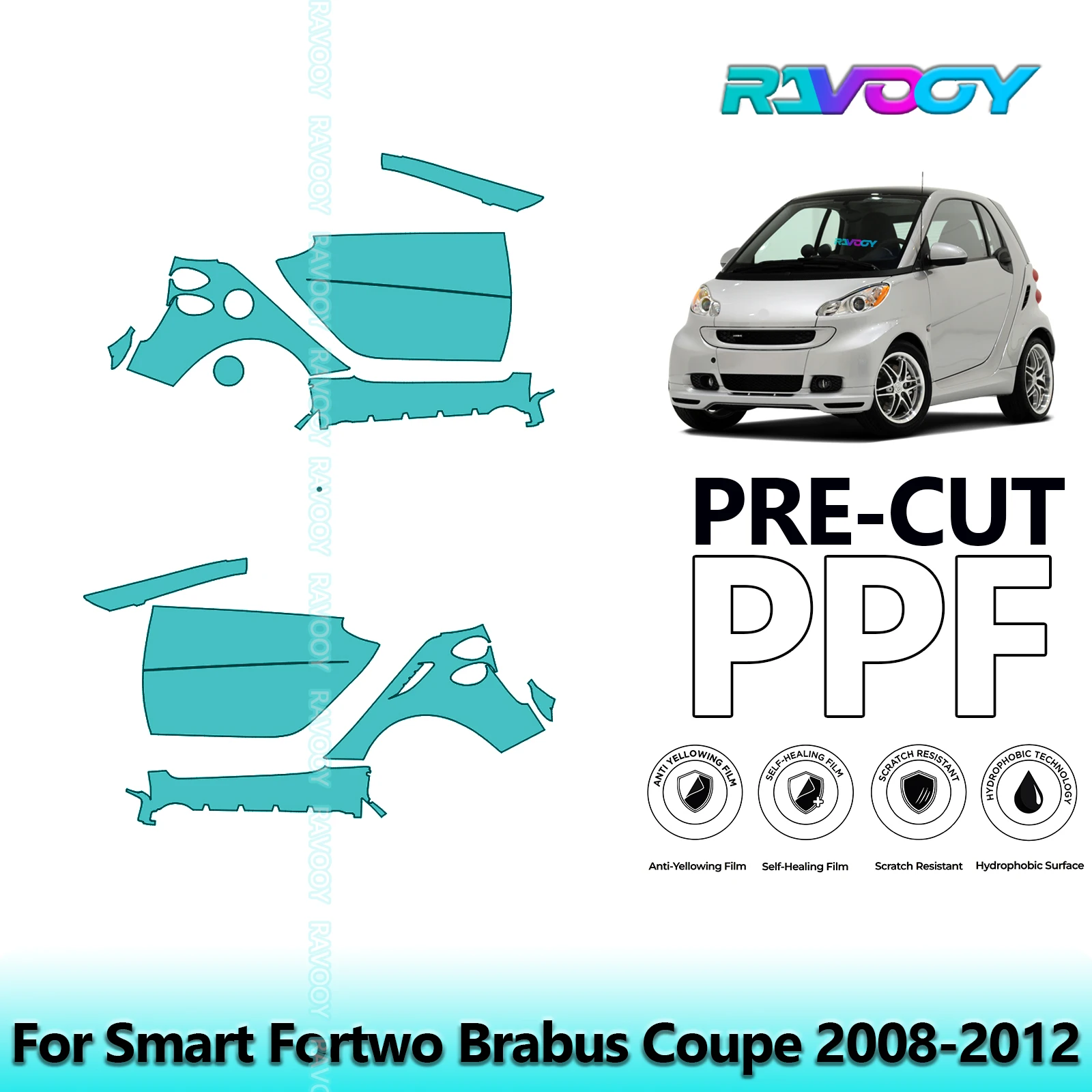 

For Smart Fortwo Brabus Coupe 2008-2012 8.5mil Clear Matte Pre-Cut PPF Door & A/B Pillar Kit TPU Paint Protection Film Set