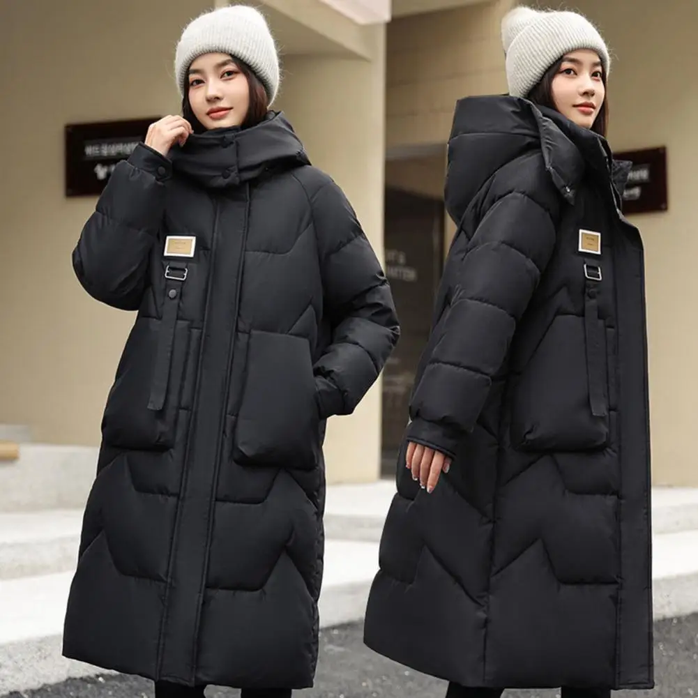 Winter Women Long Parkas Detachable Hood Neck Cotton Jacket Solid Color Pocket Knee Length Zipper Closure Padded Coat