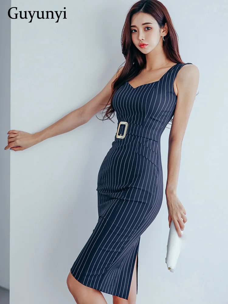 Stripe Office Lady Sheath Dress 2024 Summer Sexy Tank Sleeveless Square Neck High Waist Tight Profession Elegant OL Dress Women