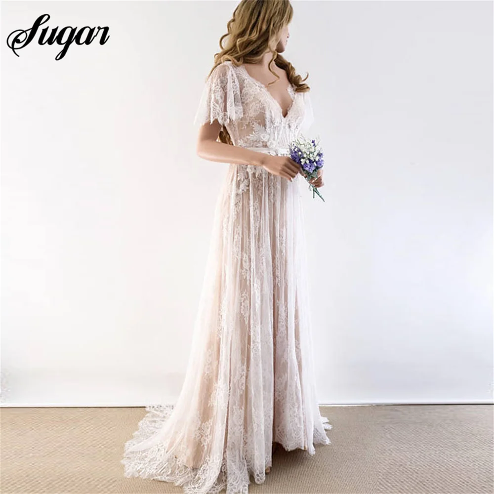 Boho Wedding Dress 2024 V Neck Cap Sleeve Lace Beach Wedding Gown Cheap Backless Custom Made A-Line Bride Dresses Elegant