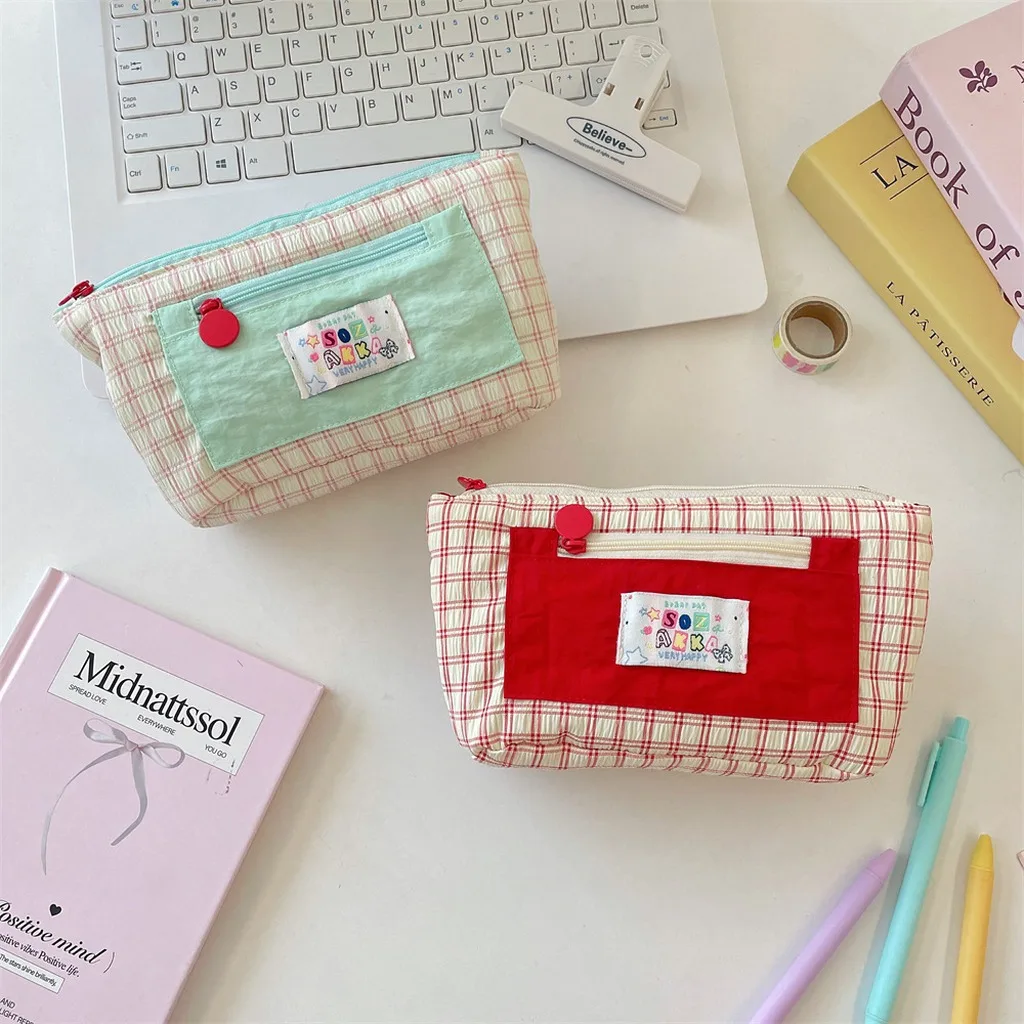 Color Block Check Pencil Bag Polyester Large Capacity Double Zipper Stationery Pouch Cute Portable Organizer for Teen Students