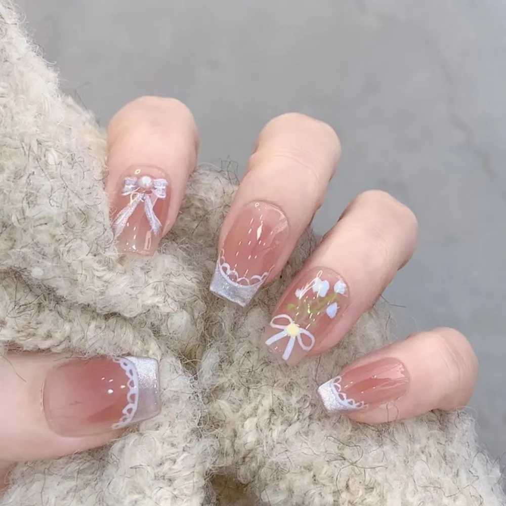 

24Pcs Mid-length Ballet Fake Nail Cat's Eye French with Design Press on False Nails Tips Bow Flower Pattern Datachable Manicure