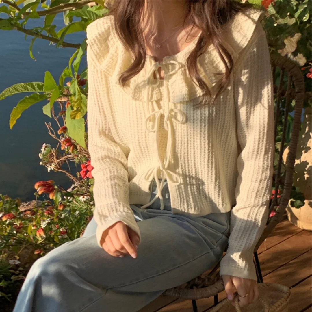 

Розовый свитер и майка с рюшами Sve, комплект милого детского воротника, трикотажная одежда для женщин, весна-осень, длинная свековая длина