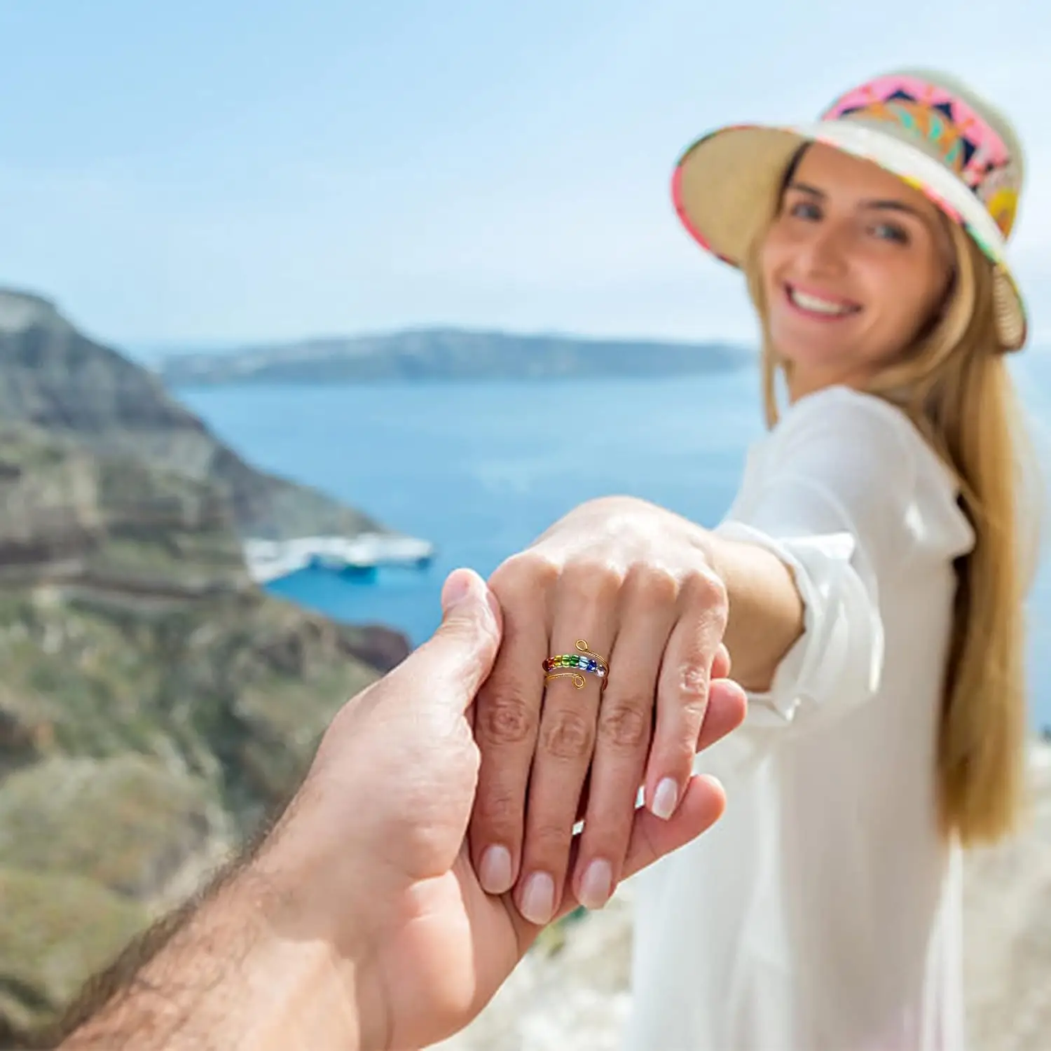 Geschenke für Tochter Fidget Ring, Fidget Ringe für Angstzustände für Frauen, verstellbare Ringe für Frauen Silber (Gold, Goldperle)