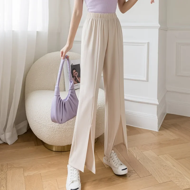 Women Spring Summer Solid Color Office Lady Long Trousers Female Chic Loose Pants Casual Elastic High Waist Slit Straight Pants