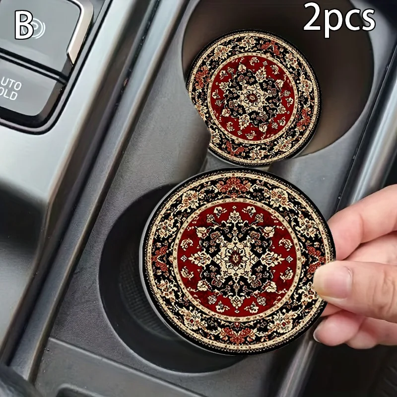 Oriental Vintage Car Cup Holder Coasters 2Pcs Leather Non Slip Water Proof Cup Pad Universal 7cm Auto Coaster Set Easy Clean Veh