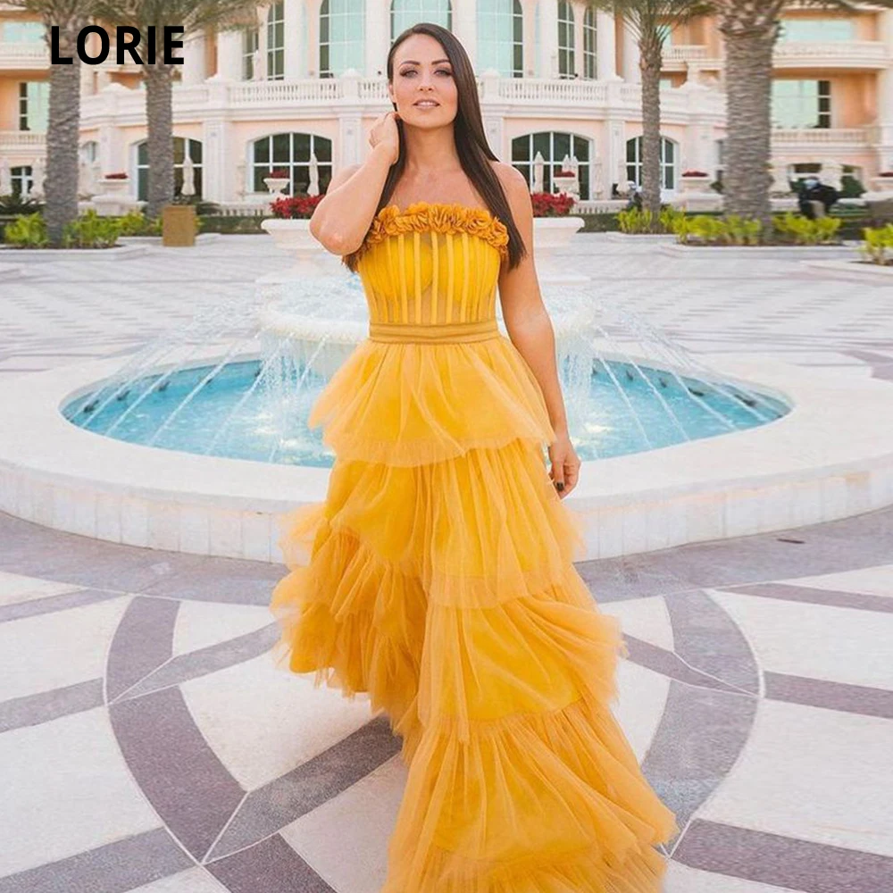 

LORIE Orange Evening Dresses 3D Flowers Strapless Tiered Tulle Prom Dresses Formal Party Second Reception Gowns Robes De Soirée