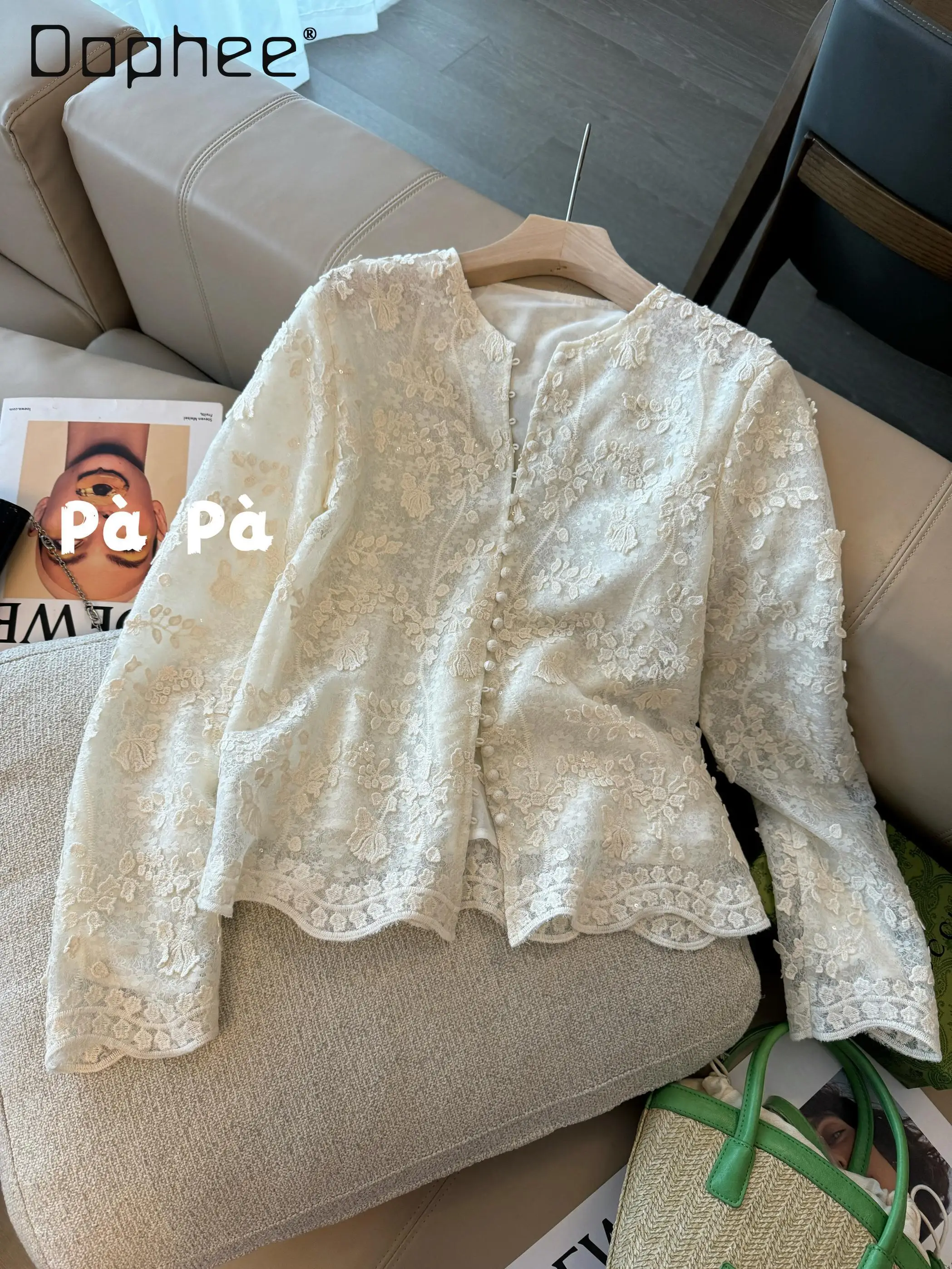 Vintage Heavy Industry Embroidery Glitter Three-dimensional Lace Shirt French New Chinese Top Women Long-sleeved Loose Shirts