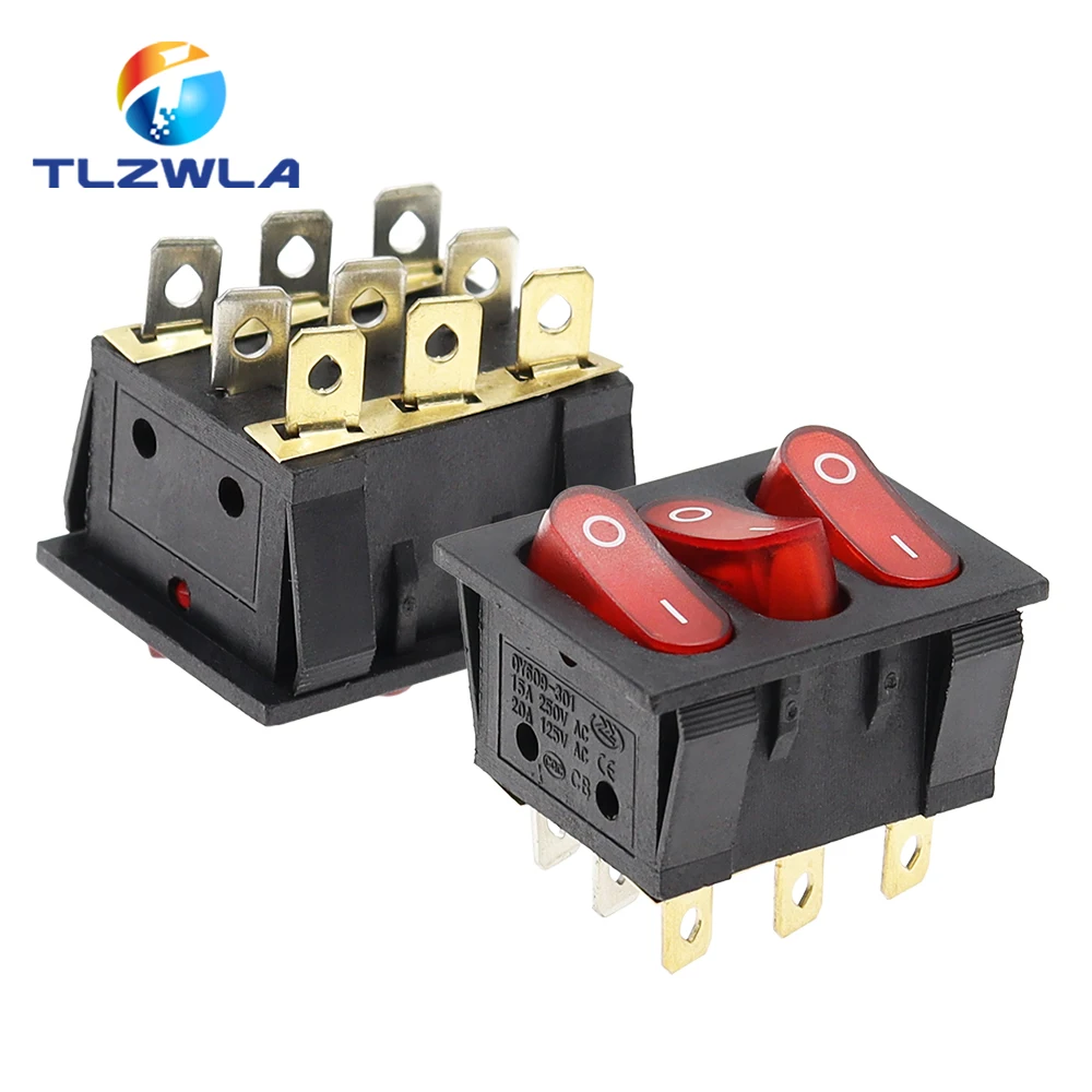 1PCS On-Off KCD3 9Pin Red 15A 250V 20A 125V AC Light Boat Car Rocker Switch KCD3-303 KCD3 Triple Light Switch Button
