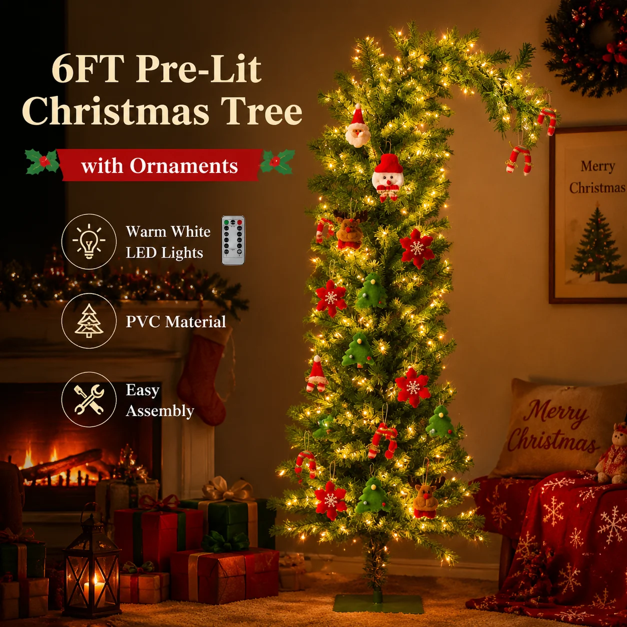 Home Decor Lighting Tree - ต้นคริสต์มาสเทียม PVC ทรงโค้ง Grinch พร้อมไฟ LED