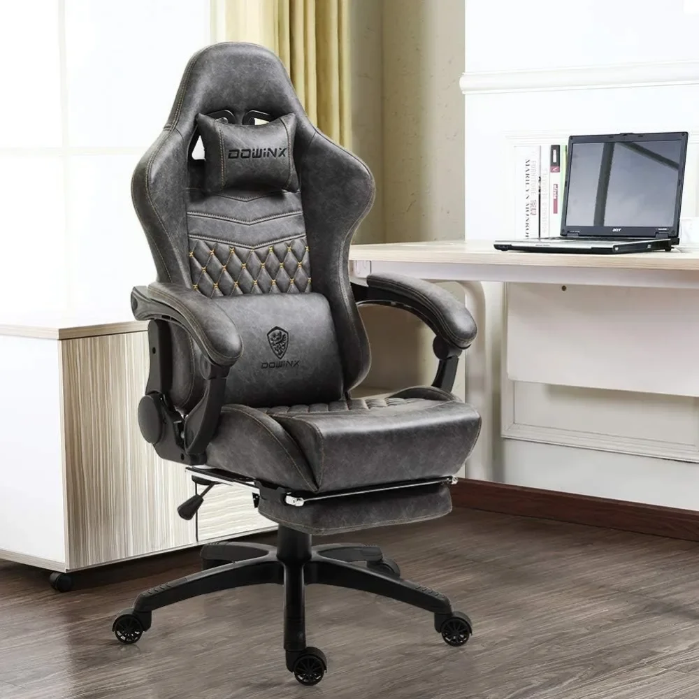 Gaming Office PC con soporte Lumbar de masaje, silla de tarea giratoria ajustable con respaldo alto de cuero PU, estilo Vintage, con reposapiés