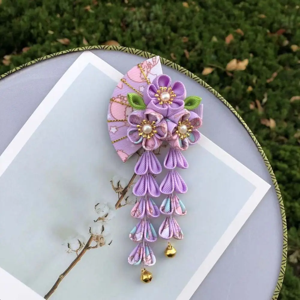 Horquilla con forma de abanico con borlas simples para niñas, tocado de kimono japonés con flor de Sakura, abanico Hanfu, Clip para el pelo, horquilla de estilo antiguo