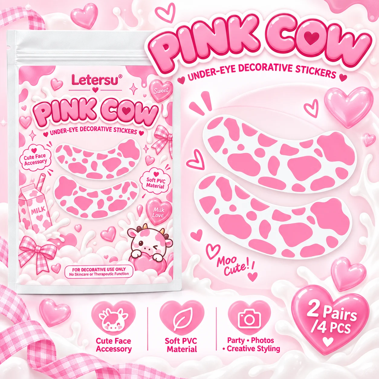 4PCS Pink Cow Under Eye Stickers, Cute Y2K Face Decorative Patches, Kawaii Makeup Accessories for Girls, Party Photo Props