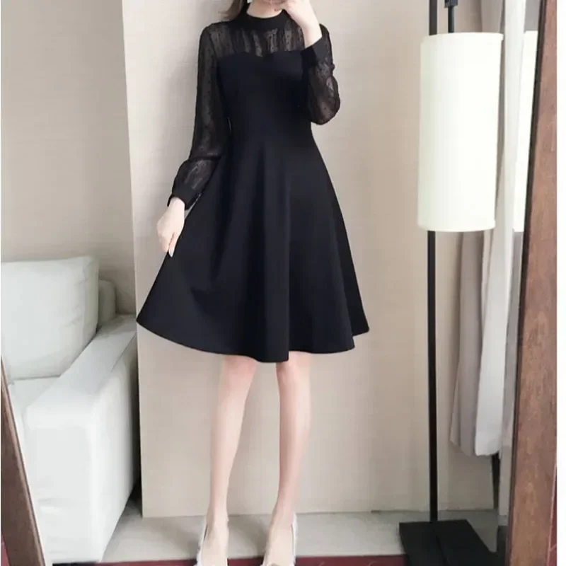 Splicing Women\'s Long Sleeve Dresses Mesh Female Dress Black High Quality Luxury Thic Outfits 2025 Fashion A Line Elegant Curvy