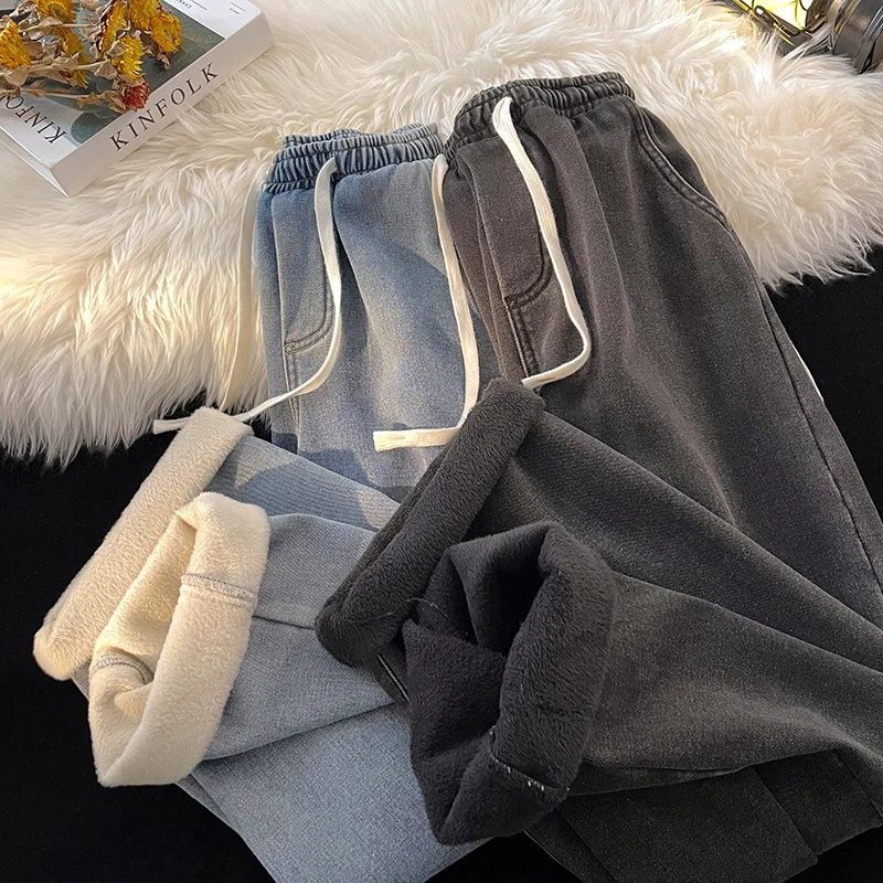 

Thiened Fce Men's Jeans High Street Sle Autumn Winter New Straight Leg Loose Wide Leg Pants Comfortable Fit Youth Trend