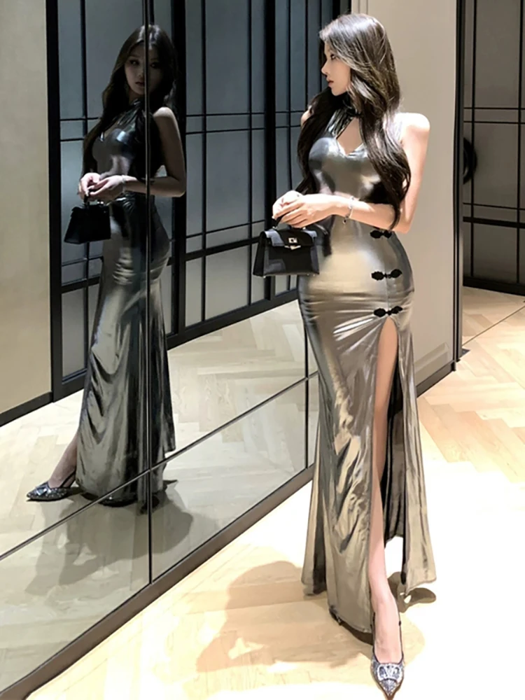 RORORIRI haute fente Cheongsam Sexy robe Maxi pour les femmes mode argent brillant robe mince moulante Club soirée de luxe fête