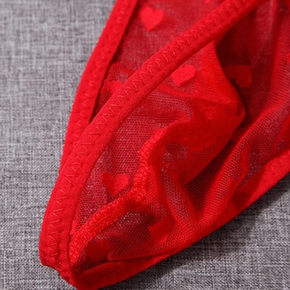 Thin Mesh Men Hollow Thongs Low Waist Love Heart Print Male Transparent Briefs Underpants Bulge Pouch Men's Sheer Panties