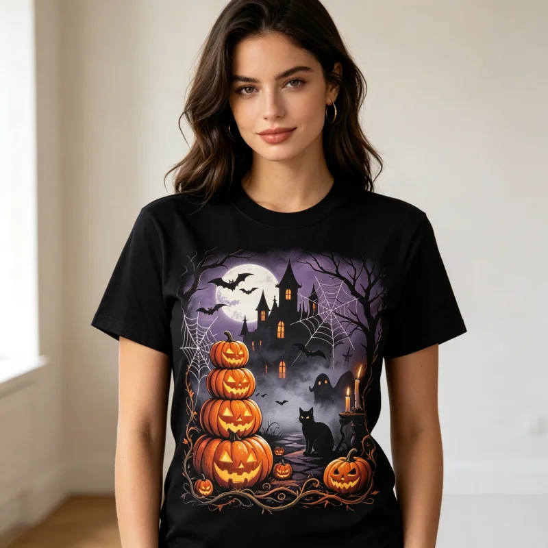 2026 Women's Halloween Themed Print T-Shirt Dark Gothic Castle Pumpkin Bat Loose Round Neck Short Sleeve Top