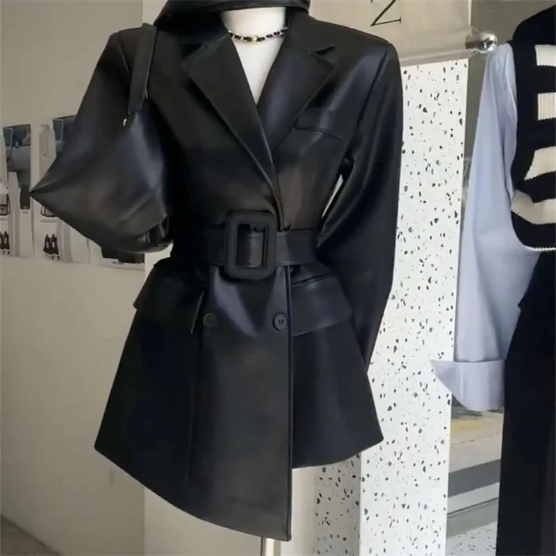 Kaffee Farbe Blazer Retro Schöne PU Leder Jacke frauen Herbst High-End-Gefühl Taille Cinching Anzug Jacke trendy JJ434