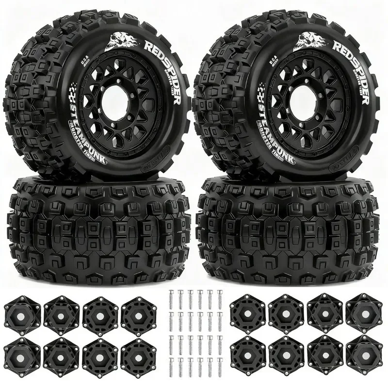 4pcs 128mm 1/10 Monster Stunt Truck general Tire 12mm and 14mm Hex for TRXS MAXX ARRMA Granite KRATON Outcast Tamiya Losi Red