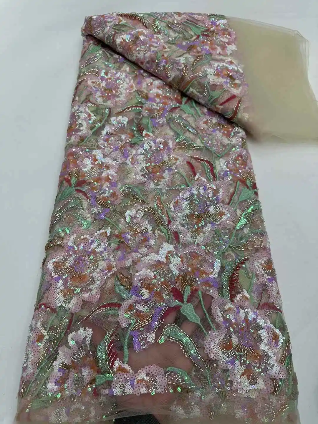 2025 Latest Hot Sale Fashion Africa Lace Fabric High Quality Handmade Embroidery Lace With Beads Sequins Party For Wedding Dress