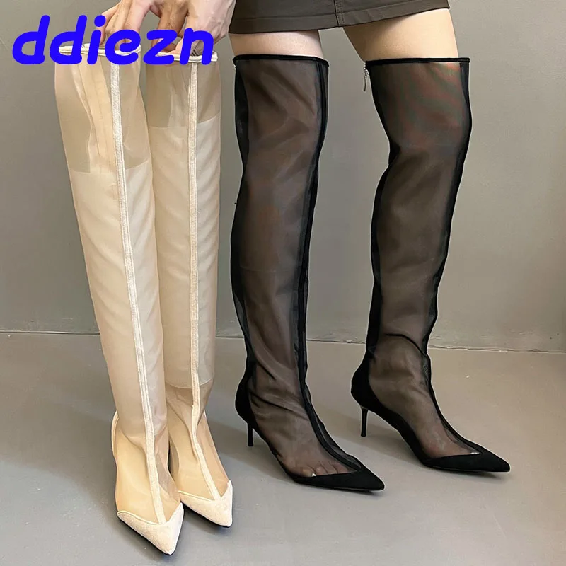 

New Female Footwear With Zippers Women Over The Knee Boots Fashion Mesh Pointed Toe Ladies Long Boots With Thin Heels Shoes