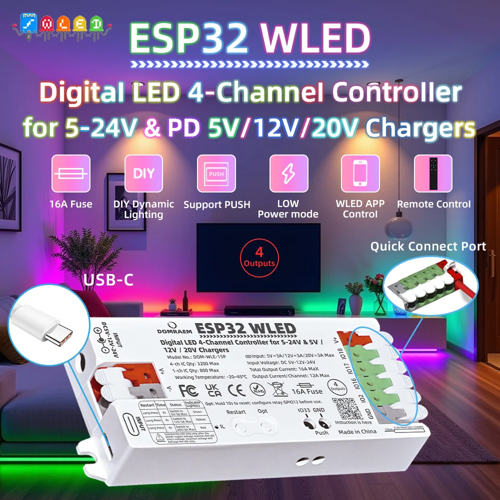 Dual PSU ESP32 WLED Digital LED Controller PD 5V/12V/20V & DC 5-24V with 4 Outputs for WS2811/12B  APA102 Pixel LEDs by DOMRAEM