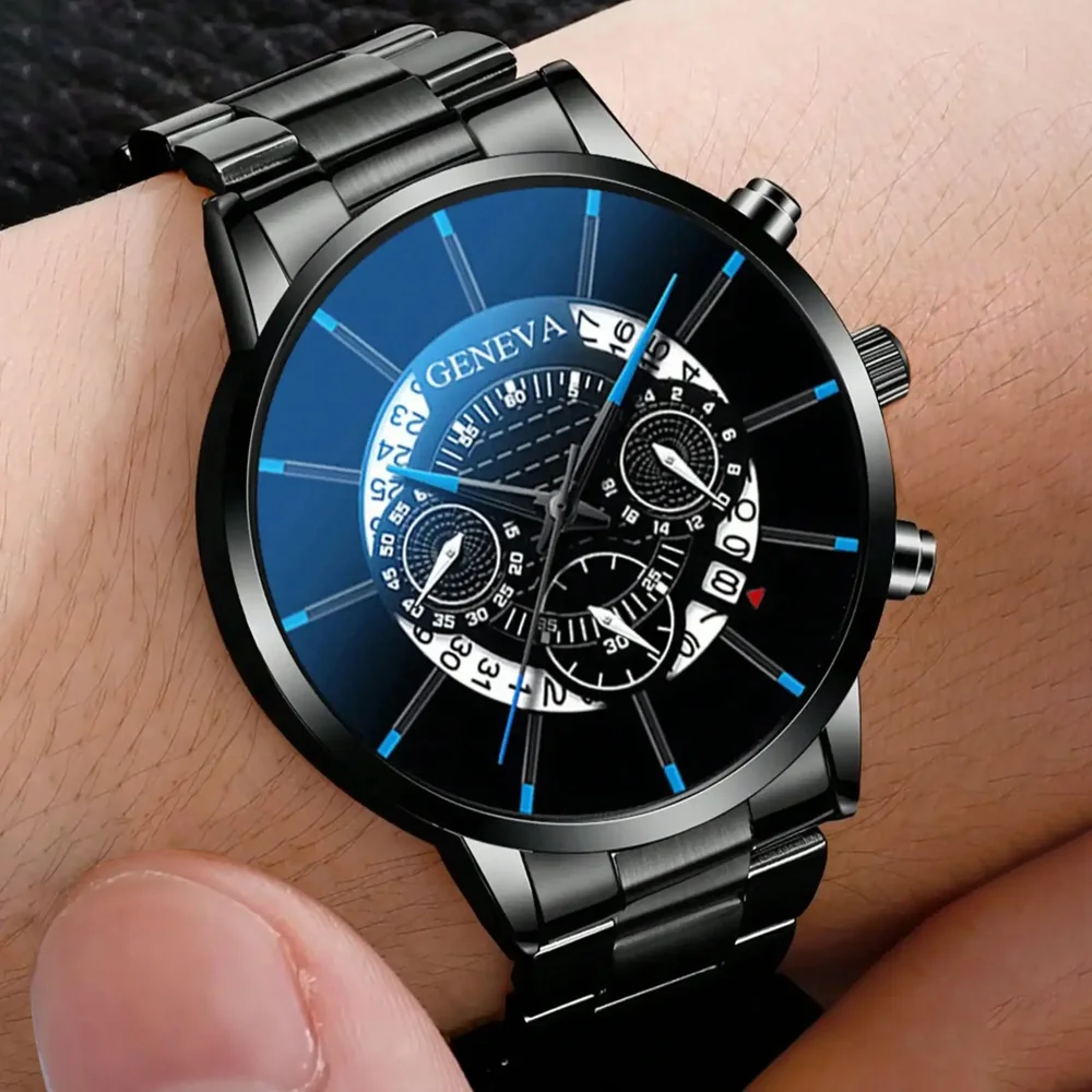 2Pcs Fashion Mens Calendar Watches Men Business Stainless Steel Quartz Wristwatch Blue Pointer Bracelet Watch Relogio Masculino