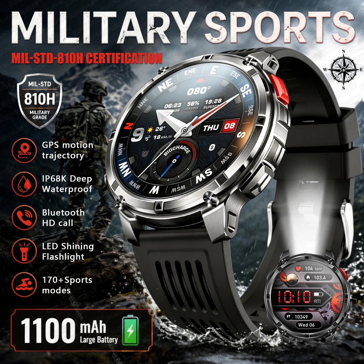 

New Military Smart Watch Men Compass 1100mAh Battery Waterproof LED Flashlight Bluetooth Call Heart rate Sports Fitness Watches