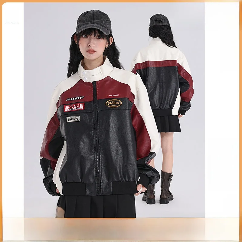 

Bosie Winter New American Motorcycle Leather Jaet Couple Sle Lychee Pattern Racing Jaet Youth ular Polyester Fiber