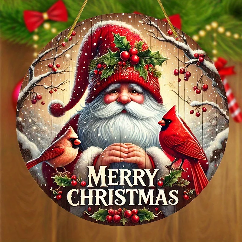 Christmas Wooden Hanging Ornament - Cardinal Birds & Holly Berries Themed Round Wood Wreath Sign - Festive Santa & Snow Scene -